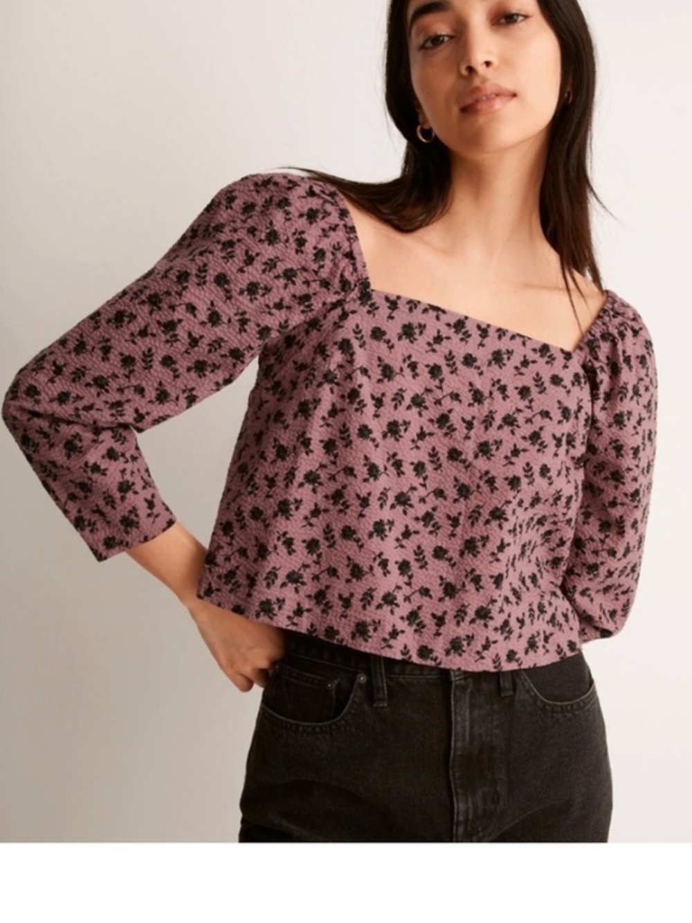 Madewell Lilac Square-Neck Puff-Sleeve Floral Top
